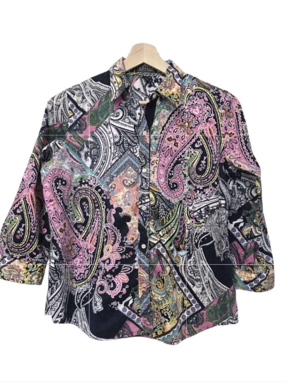Lauren Ralph Womens paisley print 3/4 sleeve button down shirt Blouse Size Large
